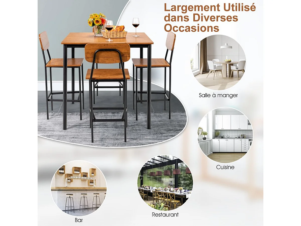 Table a manger avec 4 tabourets de bar armature métal contemporain/ensemble 5 pcs