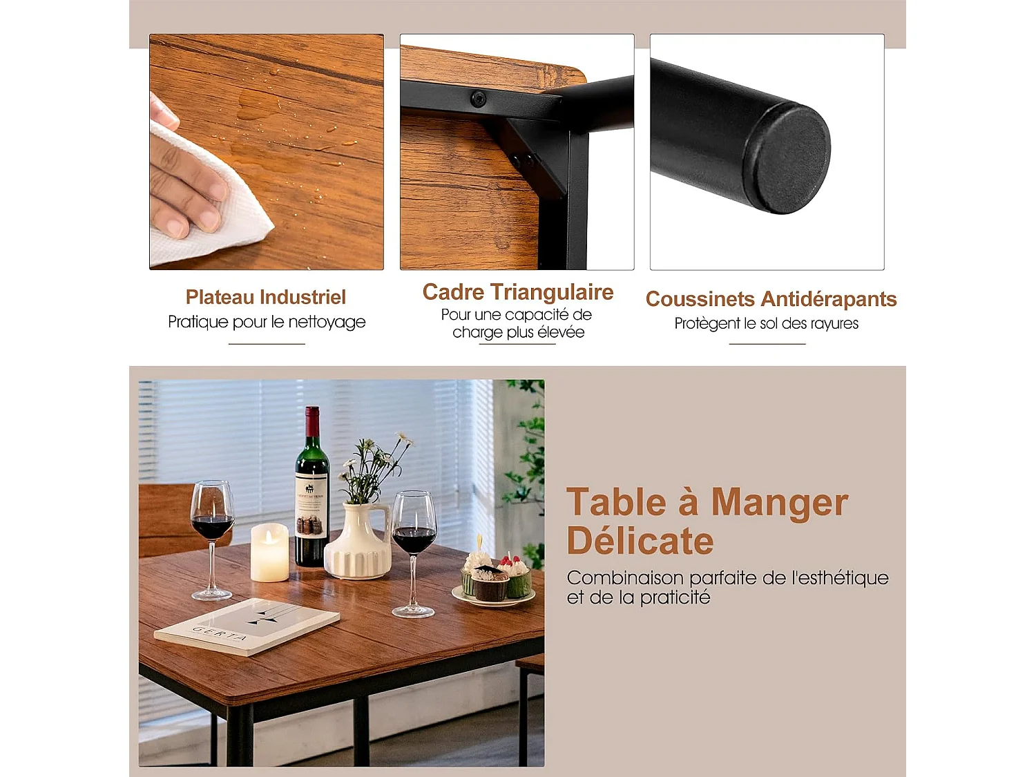 Table a manger avec 4 tabourets de bar armature métal contemporain/ensemble 5 pcs