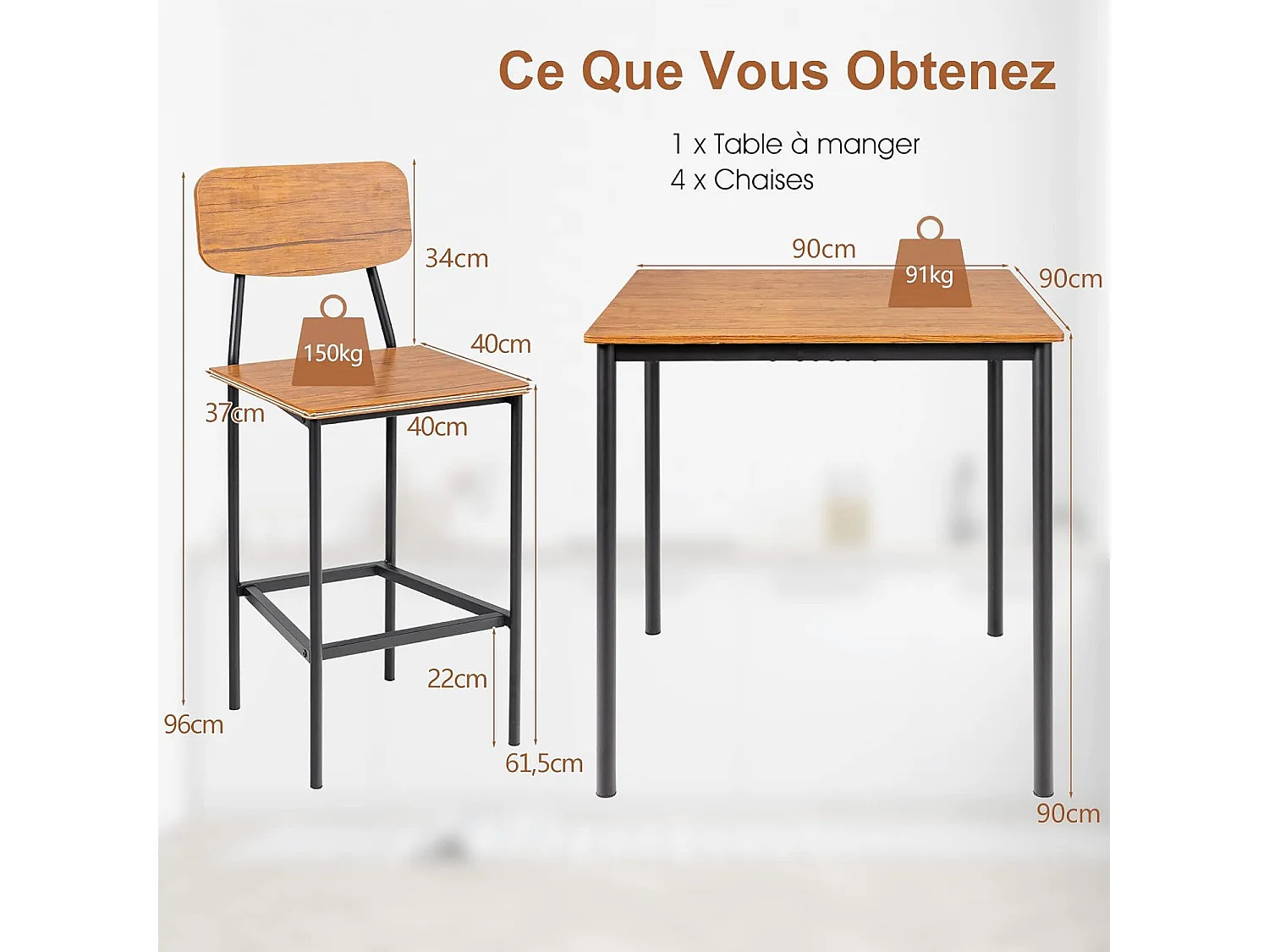 Table a manger avec 4 tabourets de bar armature métal contemporain/ensemble 5 pcs