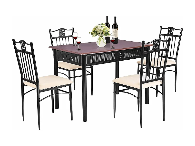 Eettafel met 4 stoelen, gestoffeerde tafel en 4 stoelenset, metalen frame, 107x70cm rechthoekige keukentafel voor eetkamer, keuken, woonkamer (paars)