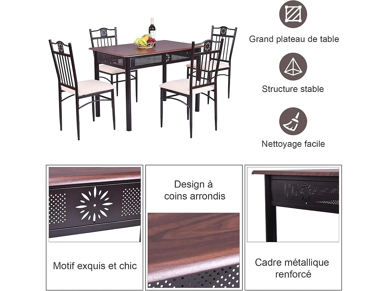 Table à Manger avec 4 Chaises, Ensemble Table et 4 Chaises Rembourrées, Cadre en Métal, Table Cuisine Rectangulaire 107x70cm pour Salle à Manger, Cuisine, Salon (Purple)