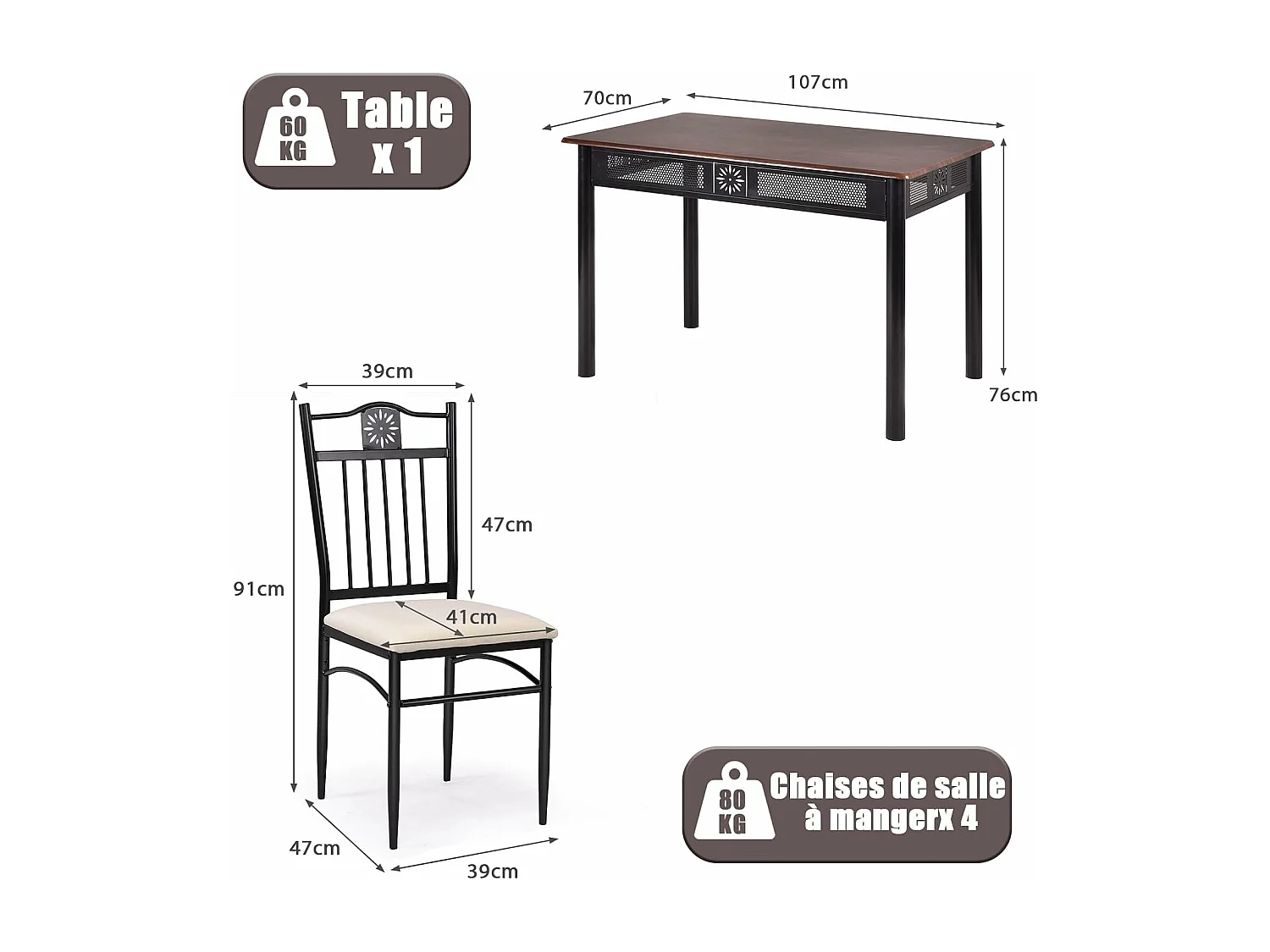 Table à Manger avec 4 Chaises, Ensemble Table et 4 Chaises Rembourrées, Cadre en Métal, Table Cuisine Rectangulaire 107x70cm pour Salle à Manger, Cuisine, Salon (Purple)