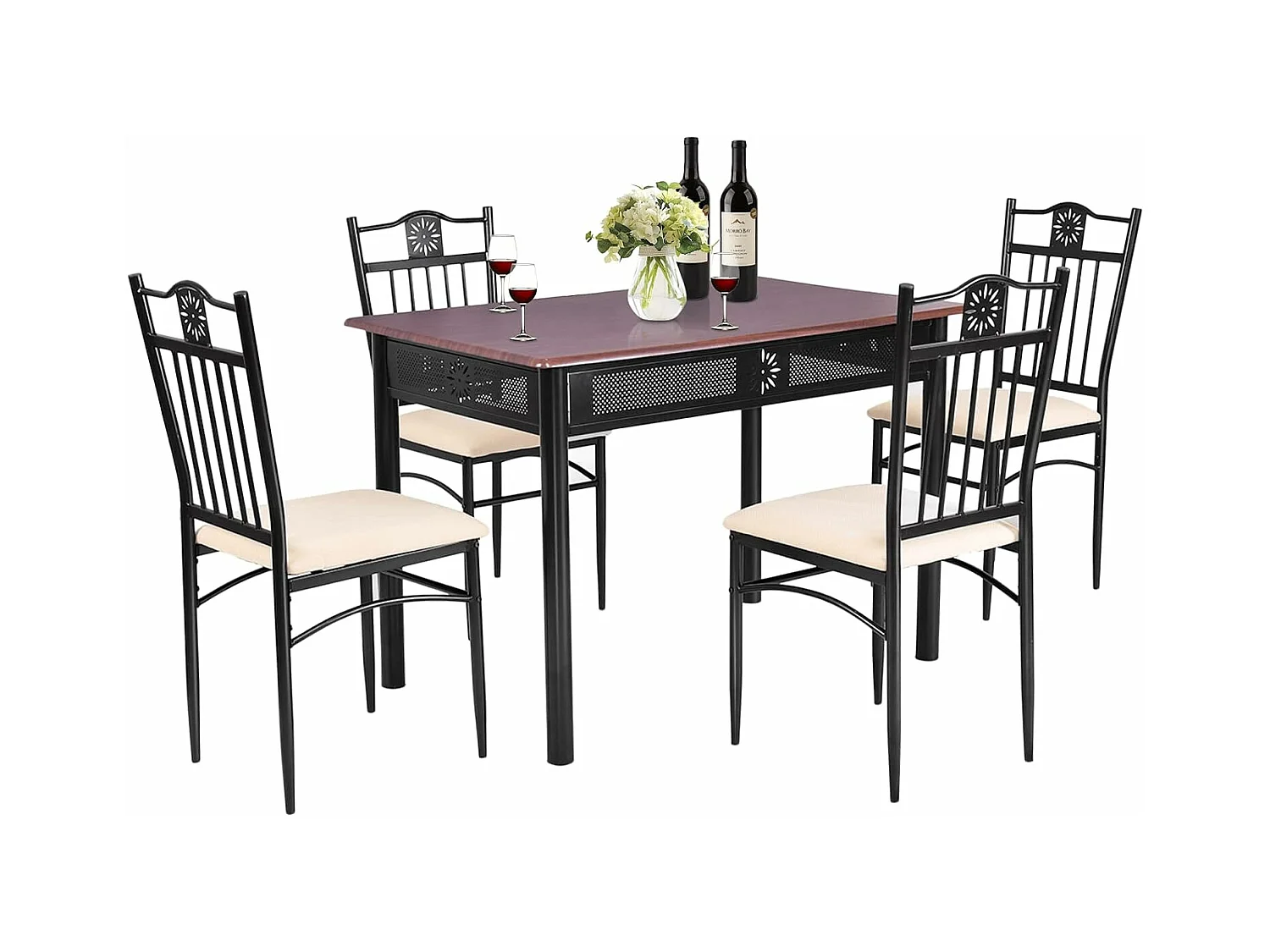 Table à Manger avec 4 Chaises, Ensemble Table et 4 Chaises Rembourrées, Cadre en Métal, Table Cuisine Rectangulaire 107x70cm pour Salle à Manger, Cuisine, Salon (Purple)