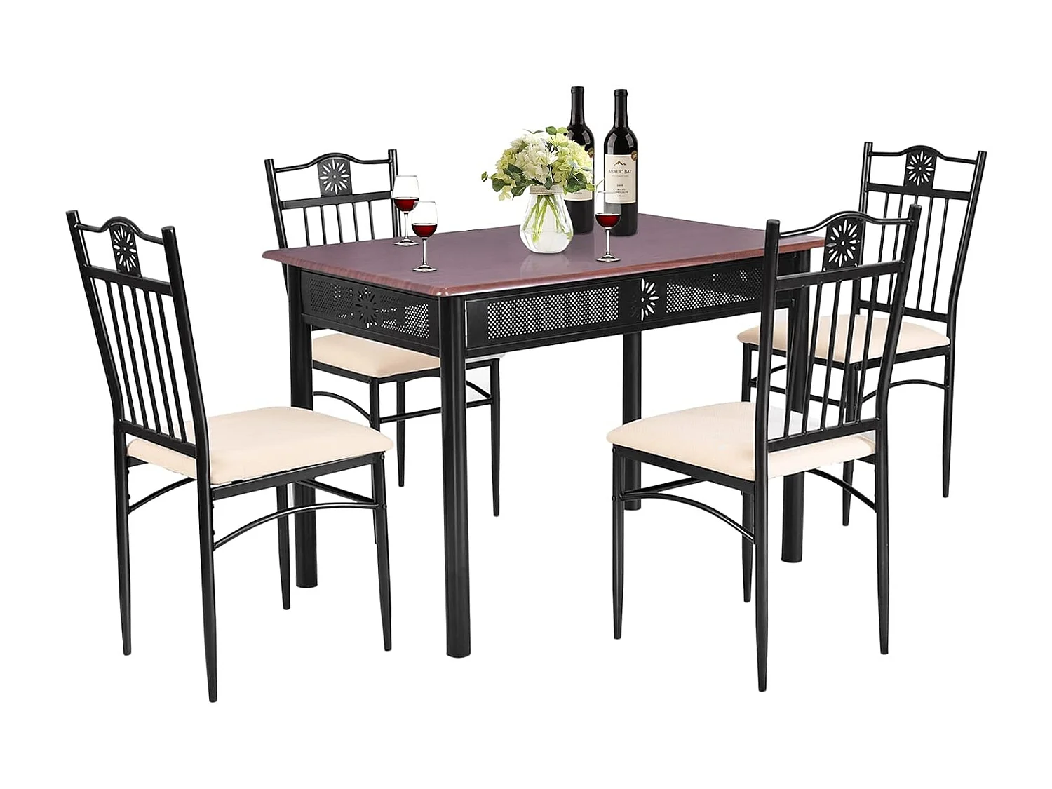 Table à Manger avec 4 Chaises, Ensemble Table et 4 Chaises Rembourrées, Cadre en Métal, Table Cuisine Rectangulaire 107x70cm pour Salle à Manger, Cuisine, Salon (Purple)