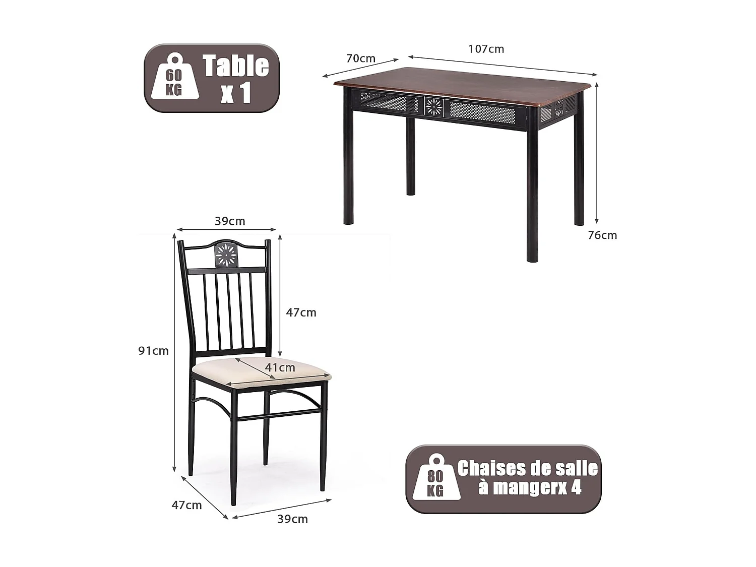 Table à Manger avec 4 Chaises, Ensemble Table et 4 Chaises Rembourrées, Cadre en Métal, Table Cuisine Rectangulaire 107x70cm pour Salle à Manger, Cuisine, Salon (Purple)