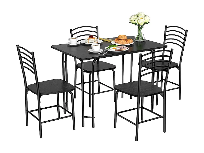 Table à manger avec 4 chaises, cadre en métal, surface en faux marbre noir
