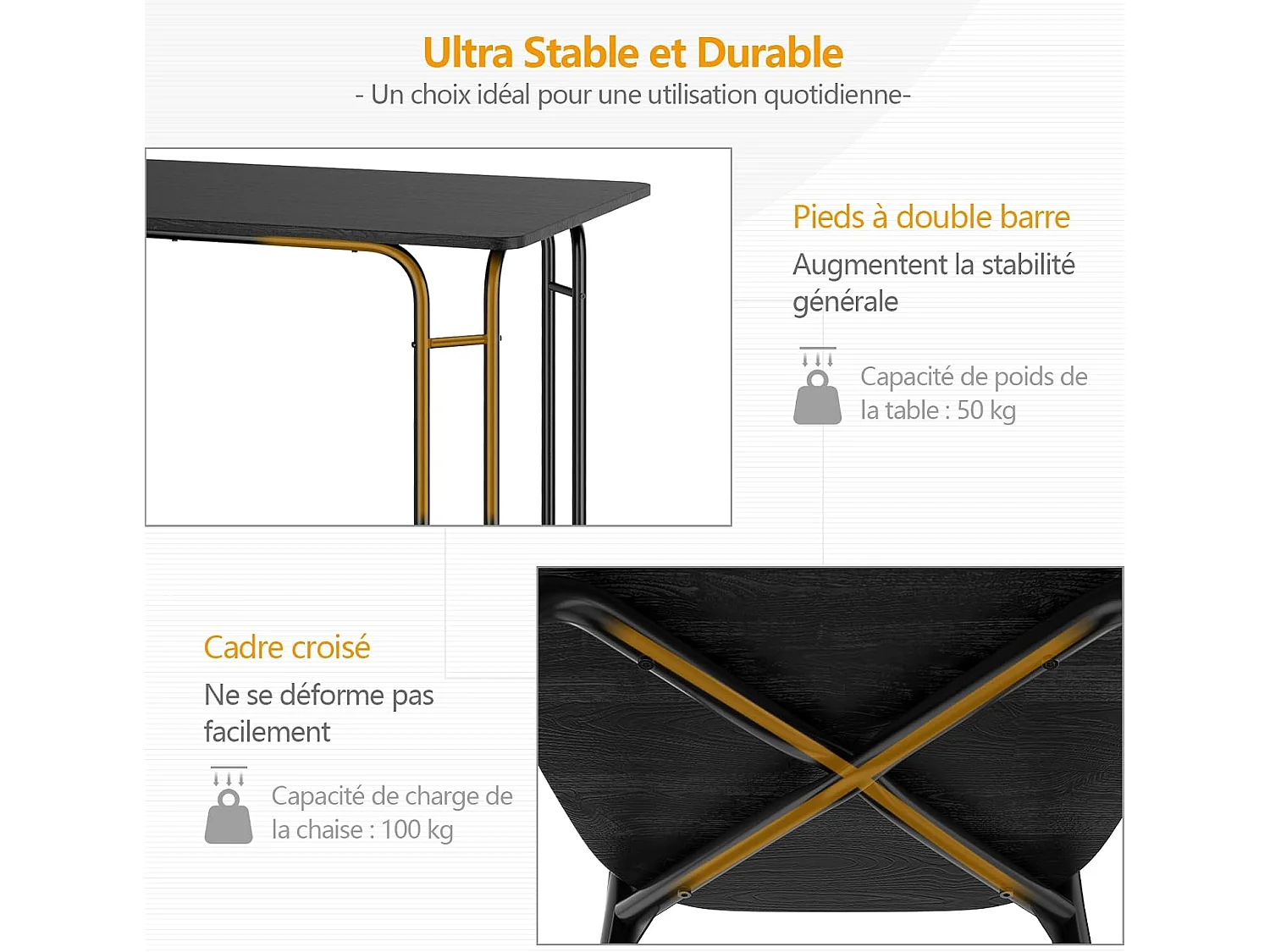 Table à manger avec 4 chaises, cadre en métal, surface en faux marbre noir