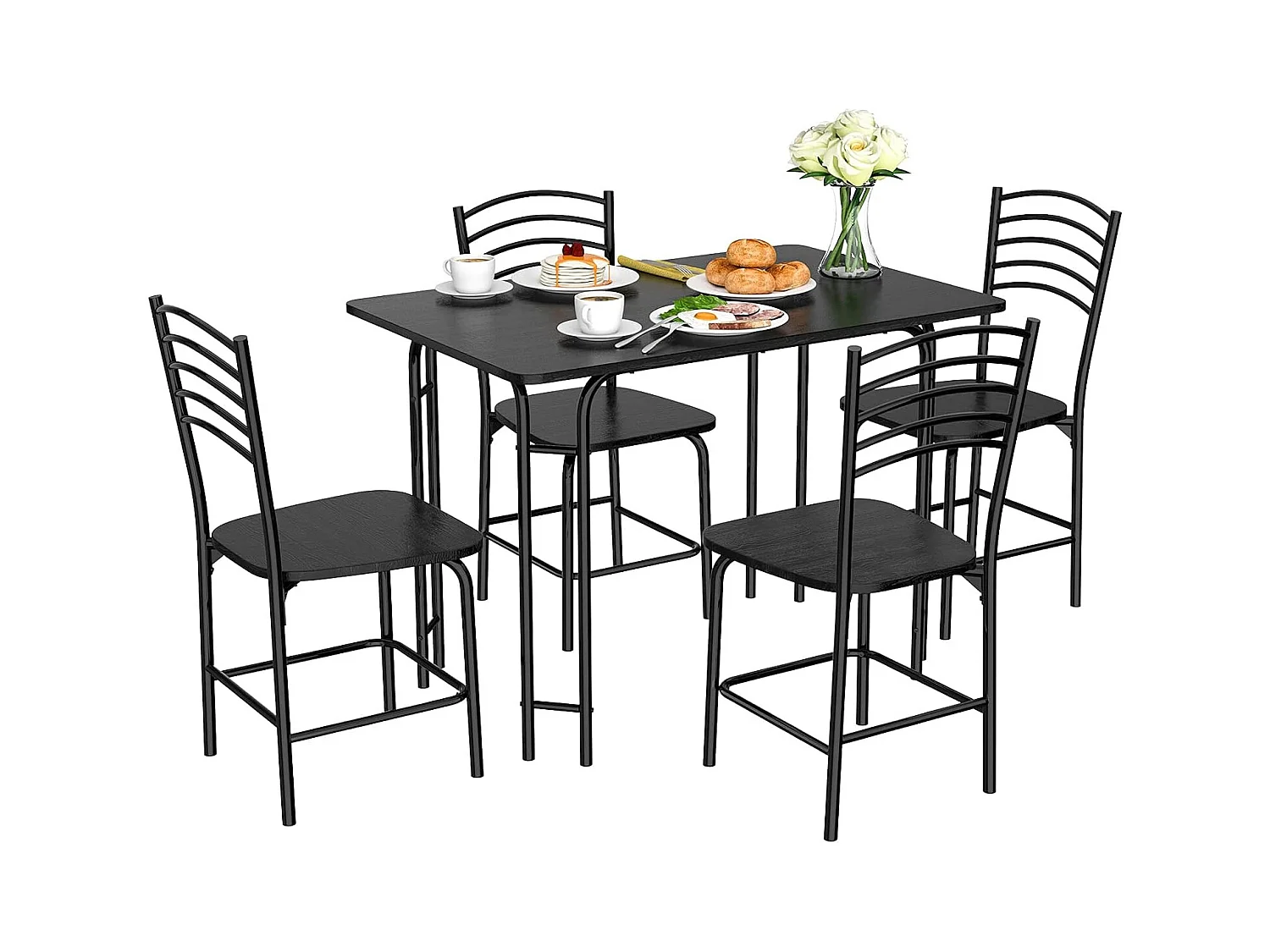 Table à manger avec 4 chaises, cadre en métal, surface en faux marbre noir