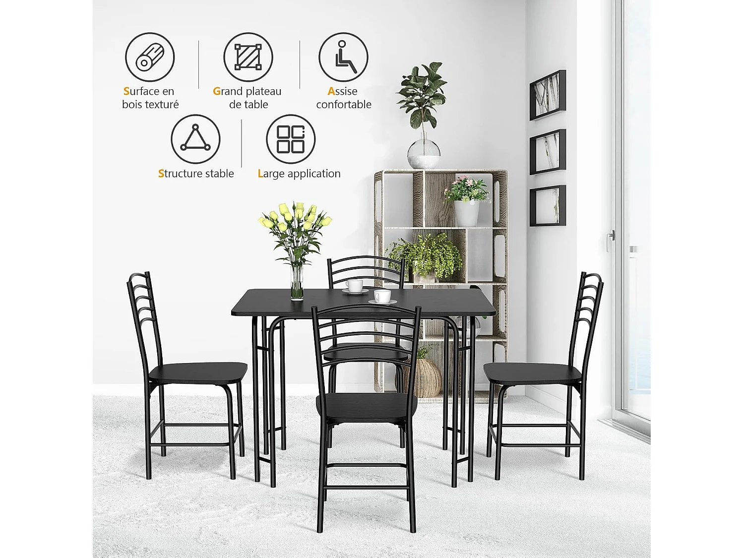 Table à manger avec 4 chaises, cadre en métal, surface en faux marbre noir