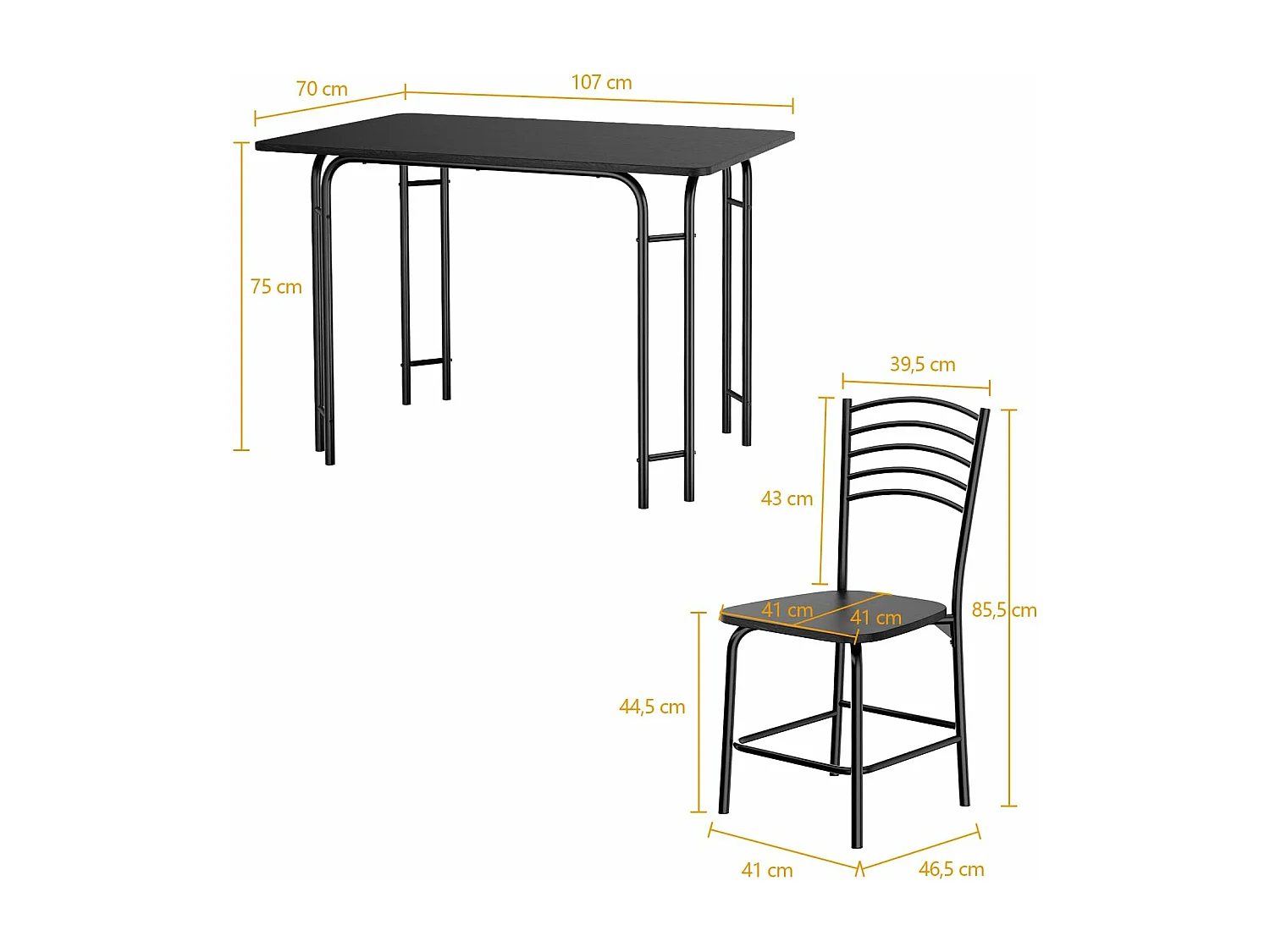 Table à manger avec 4 chaises, cadre en métal, surface en faux marbre noir