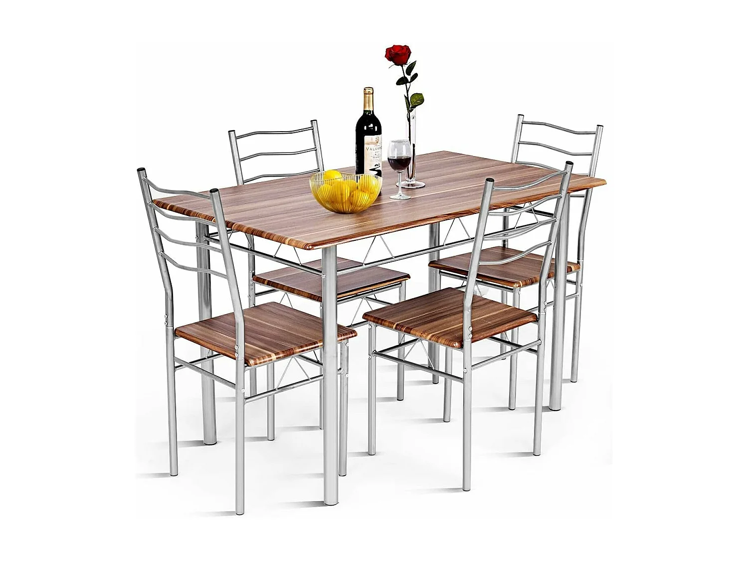 Table a Manger avec 4 Chaises Châssis Métal Contemporain, Ensemble 5 Pièces de Table de Salle à Manger pour Cuisine Salon, Montage Facile (Noyer Clair)