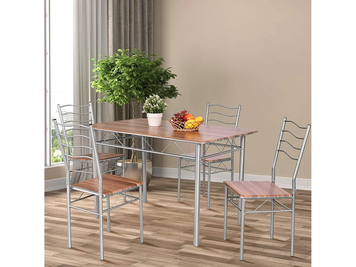 Table a Manger avec 4 Chaises Châssis Métal Contemporain, Ensemble 5 Pièces de Table de Salle à Manger pour Cuisine Salon, Montage Facile (Noyer Clair)