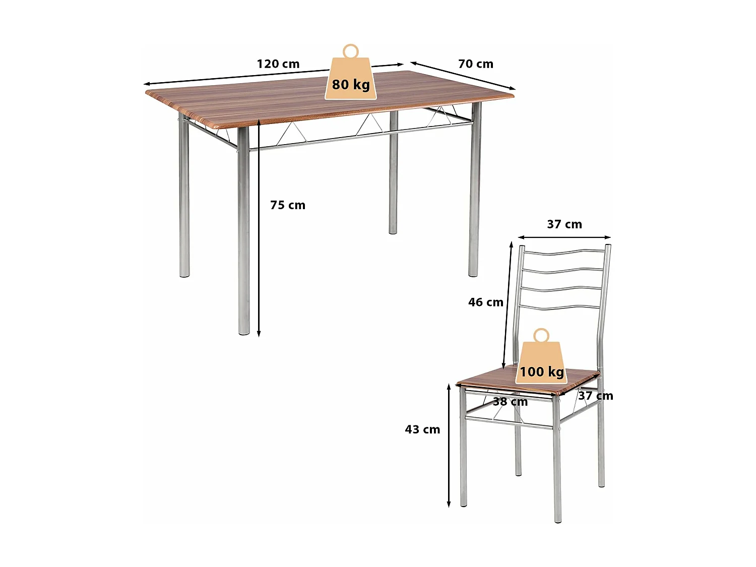 Table a Manger avec 4 Chaises Châssis Métal Contemporain, Ensemble 5 Pièces de Table de Salle à Manger pour Cuisine Salon, Montage Facile (Noyer Clair)