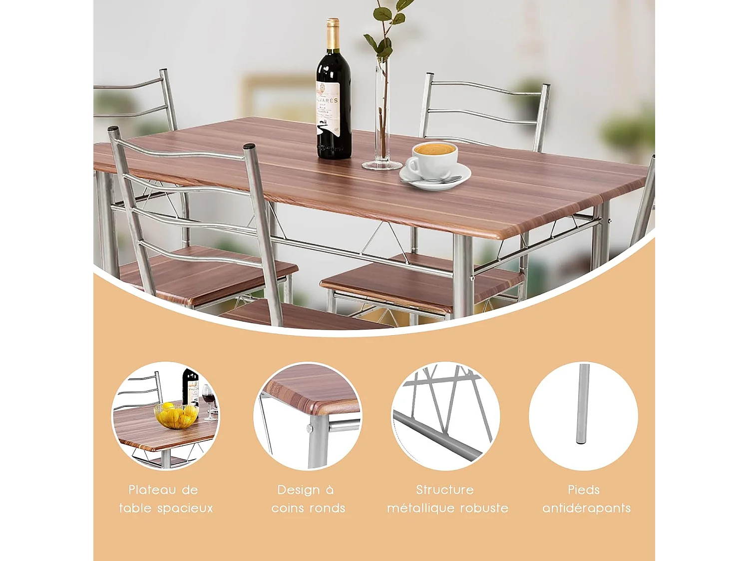 Table a Manger avec 4 Chaises Châssis Métal Contemporain, Ensemble 5 Pièces de Table de Salle à Manger pour Cuisine Salon, Montage Facile (Noyer Clair)