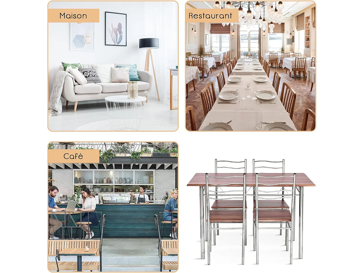 Table a Manger avec 4 Chaises Châssis Métal Contemporain, Ensemble 5 Pièces de Table de Salle à Manger pour Cuisine Salon, Montage Facile (Noyer Clair)