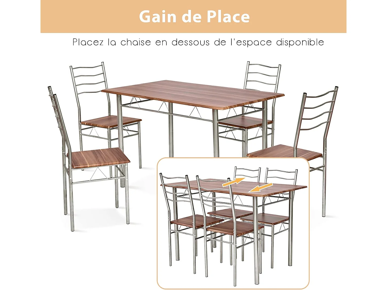 Table a Manger avec 4 Chaises Châssis Métal Contemporain, Ensemble 5 Pièces de Table de Salle à Manger pour Cuisine Salon, Montage Facile (Noyer Clair)