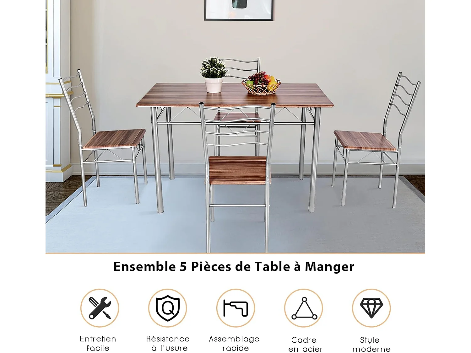 Table a Manger avec 4 Chaises Châssis Métal Contemporain, Ensemble 5 Pièces de Table de Salle à Manger pour Cuisine Salon, Montage Facile (Noyer Clair)