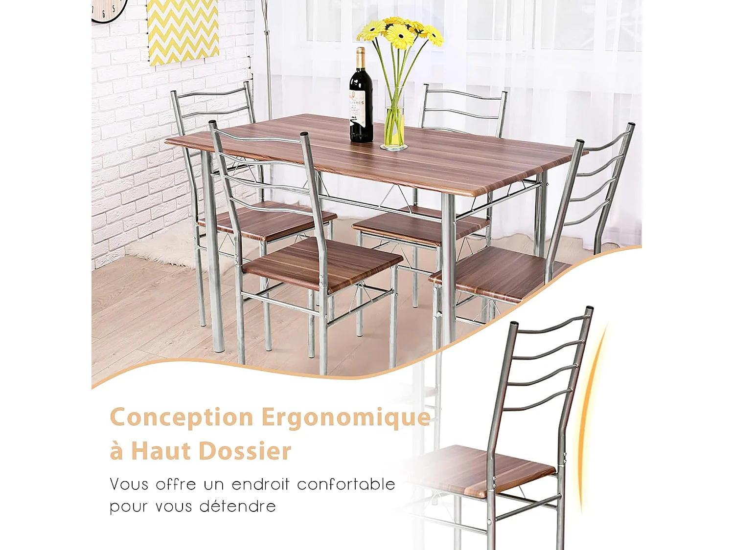 Table a Manger avec 4 Chaises Châssis Métal Contemporain, Ensemble 5 Pièces de Table de Salle à Manger pour Cuisine Salon, Montage Facile (Noyer Clair)