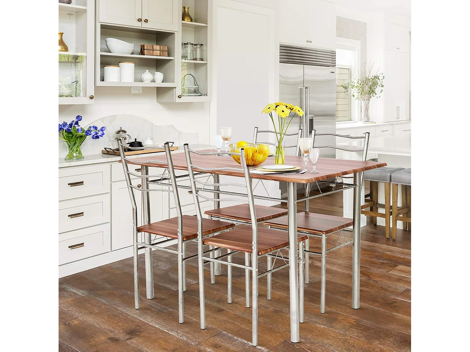 Table a Manger avec 4 Chaises Châssis Métal Contemporain, Ensemble 5 Pièces de Table de Salle à Manger pour Cuisine Salon, Montage Facile (Noyer Clair)