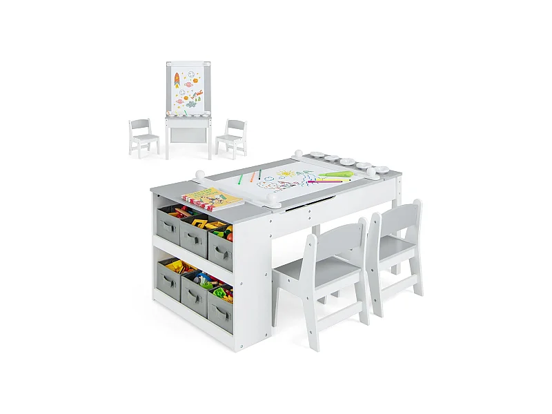 2 en 1 table à dessin et 2 chaises enfants avec plateau inclinable, charge 91/75kg (gris)