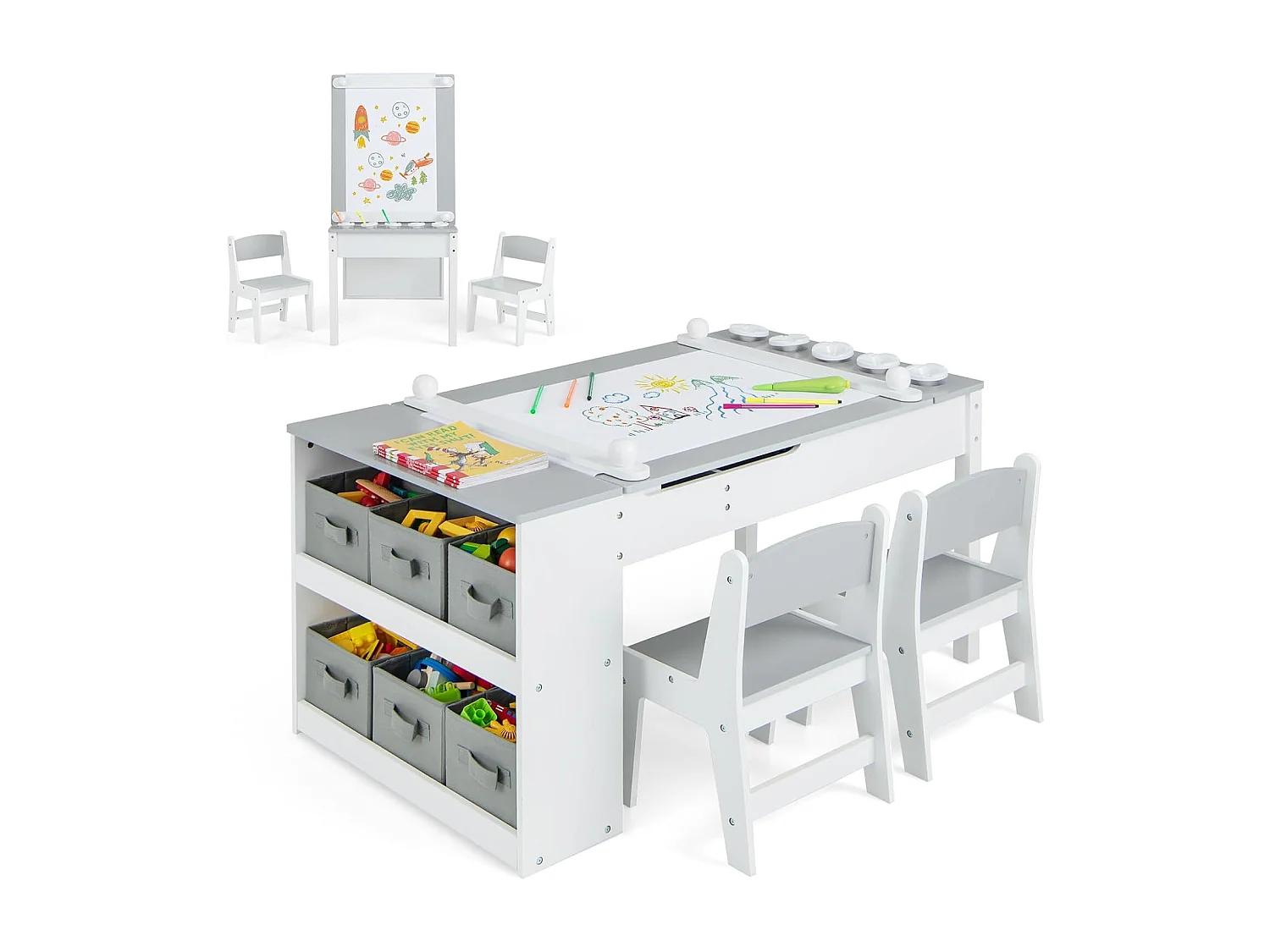 2 en 1 table à dessin et 2 chaises enfants avec plateau inclinable, charge 91/75kg (gris)