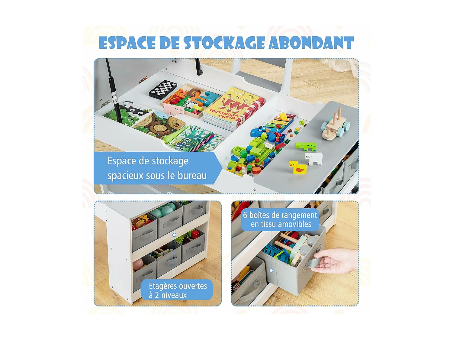 2 en 1 table à dessin et 2 chaises enfants avec plateau inclinable, charge 91/75kg (gris)