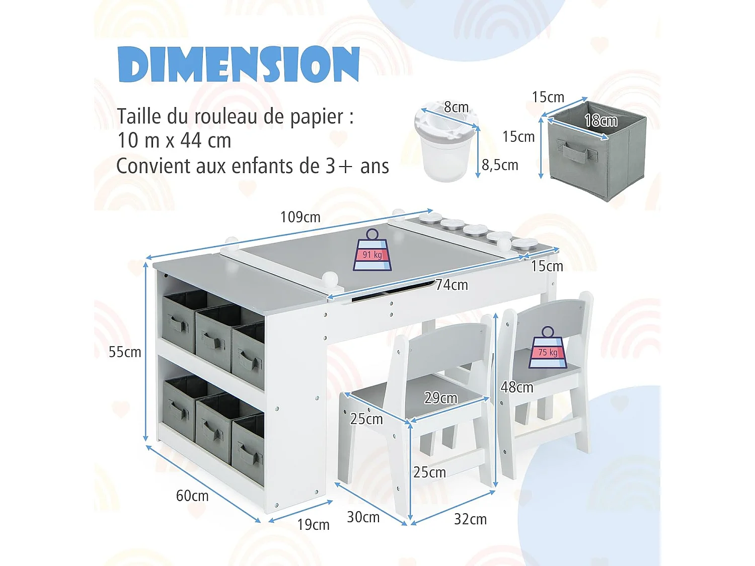 2 en 1 table à dessin et 2 chaises enfants avec plateau inclinable, charge 91/75kg (gris)