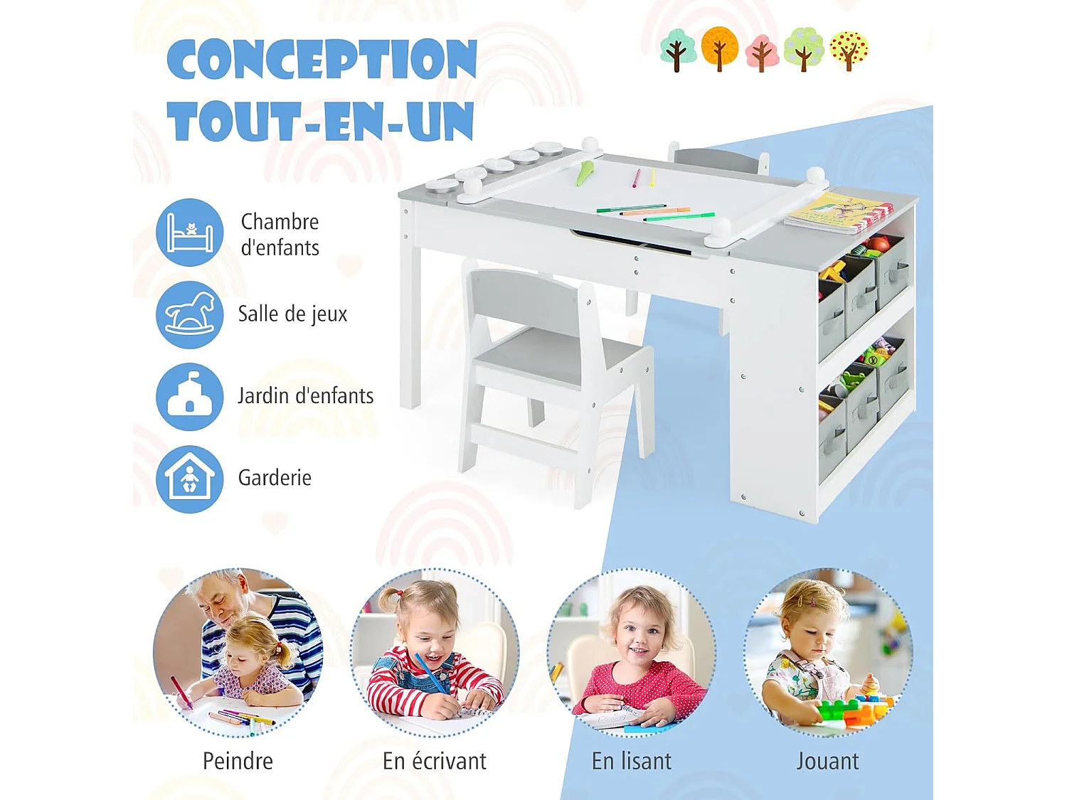 2 en 1 table à dessin et 2 chaises enfants avec plateau inclinable, charge 91/75kg (gris)