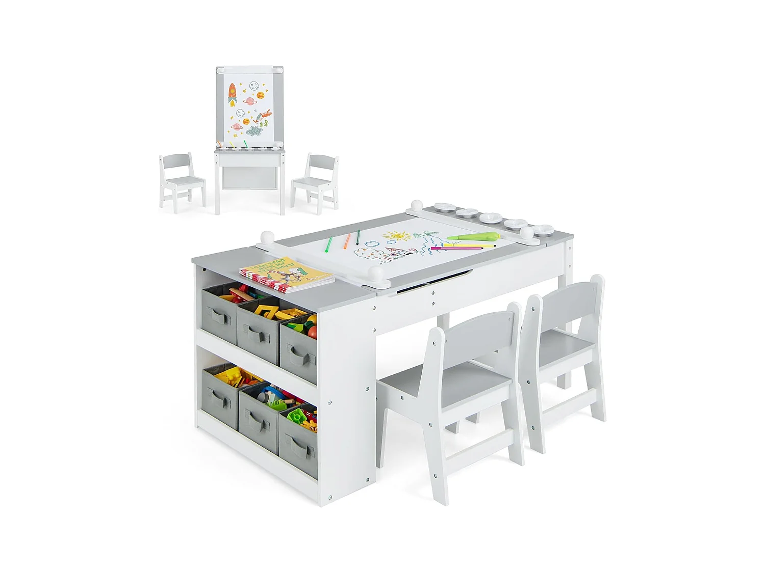 2 en 1 table à dessin et 2 chaises enfants avec plateau inclinable, charge 91/75kg (gris)