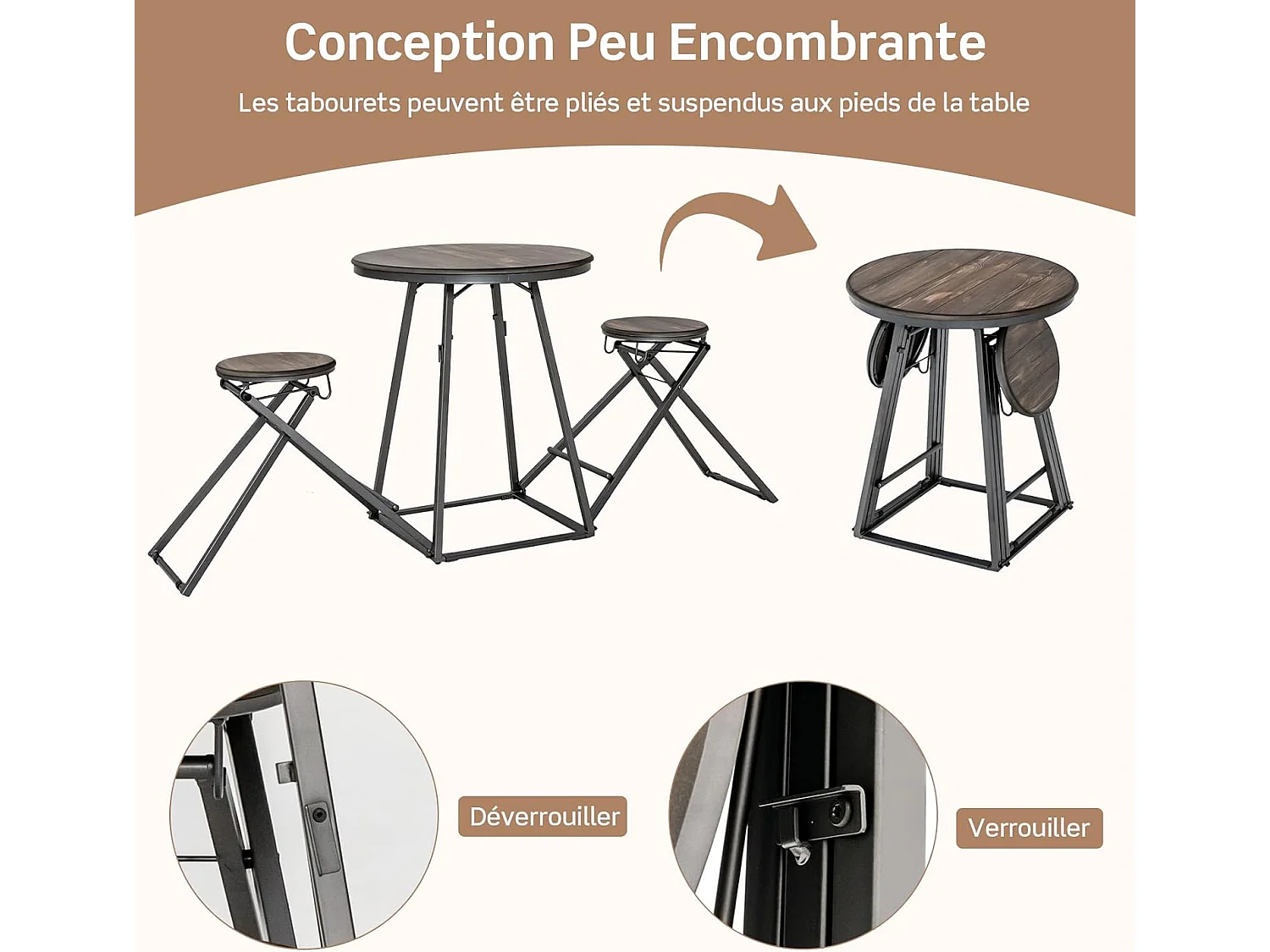 Table haute cuisine avec tabouret, industrielle pliable, mange debout 2 personnes