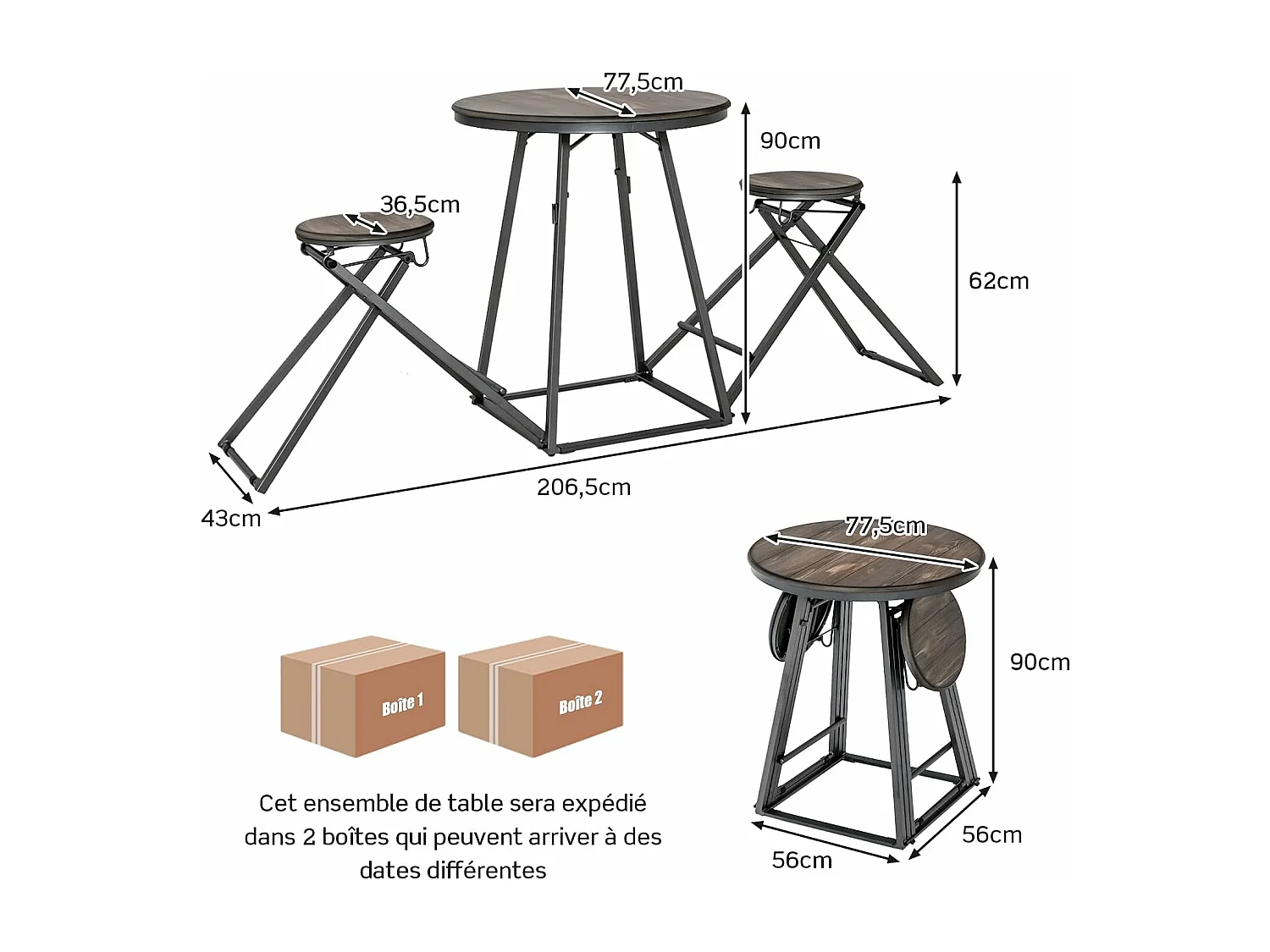 Table haute cuisine avec tabouret, industrielle pliable, mange debout 2 personnes