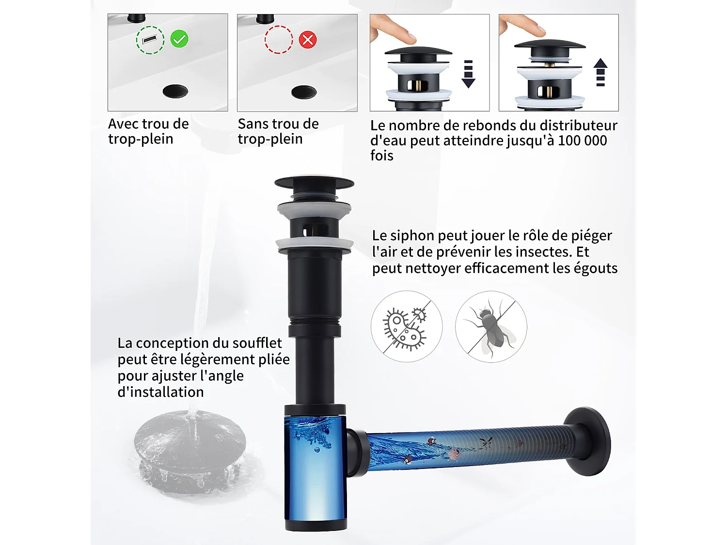 Siphon de Lavabo avec Bonde Siphon Universel et Bonde d'écoulement Salle de Bain pour Lavabo Noir Mat 1/4 x 30 mm Siphon Pop-up