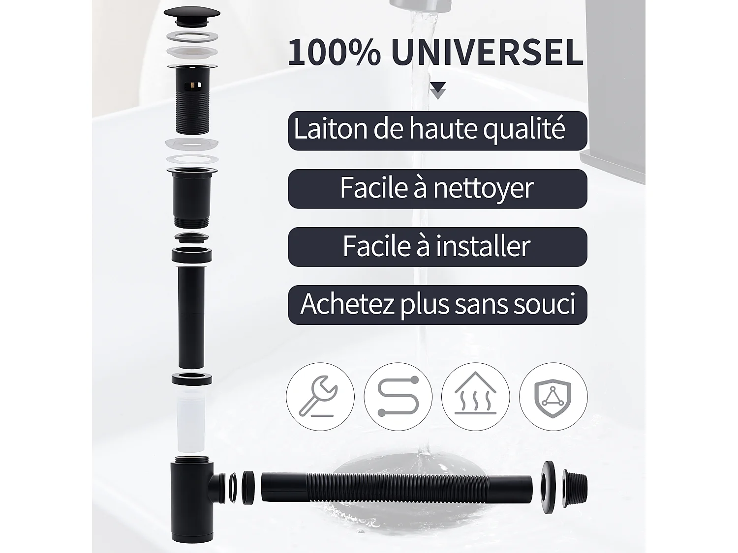 Siphon de Lavabo avec Bonde Siphon Universel et Bonde d'écoulement Salle de Bain pour Lavabo Noir Mat 1/4 x 30 mm Siphon Pop-up