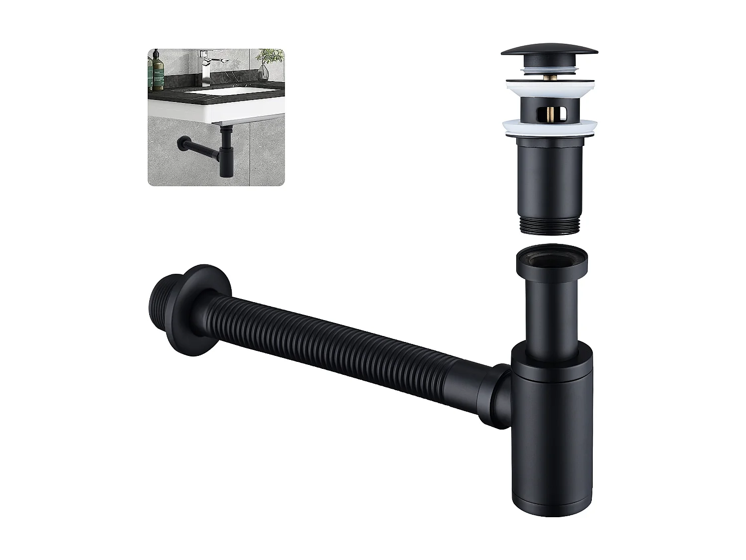 Siphon de Lavabo avec Bonde Siphon Universel et Bonde d'écoulement Salle de Bain pour Lavabo Noir Mat 1/4 x 30 mm Siphon Pop-up