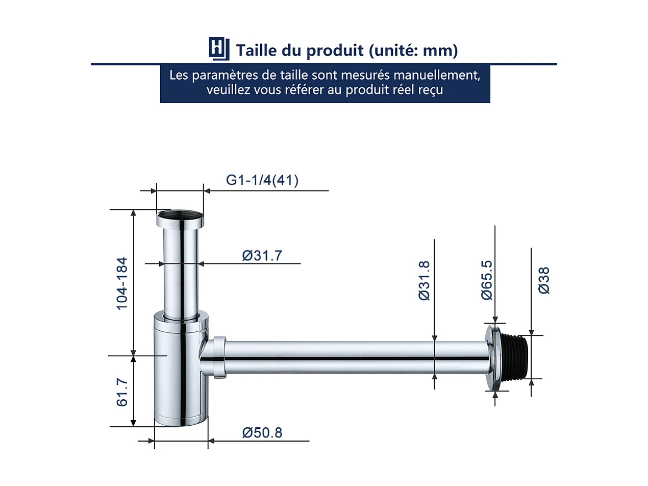 Siphon de Lavabo en Acier Inox Siphon pour vasque et lavabo hauteur réglable Set de Siphon G1-1-4"