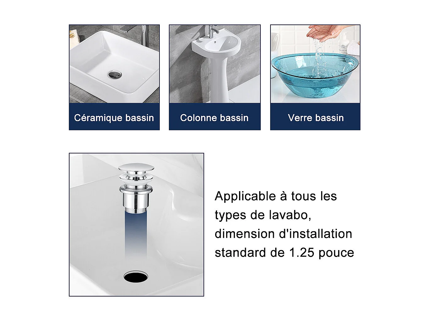 Homelody Bonde de Lavabo Bonde Pop-up avec Trop-plein Automatique Universelle en Cuivre Chromé Grande Evacuation