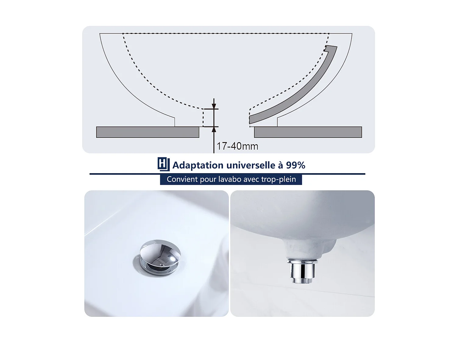 Homelody Bonde de Lavabo Bonde Pop-up avec Trop-plein Automatique Universelle en Cuivre Chromé Grande Evacuation