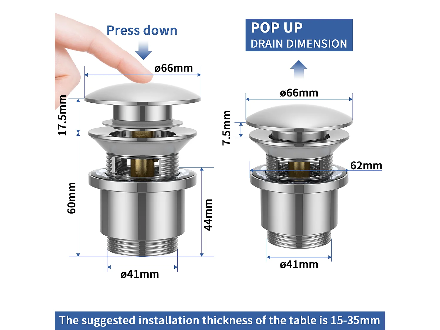 Homelody Bonde de Lavabo Bonde Pop-up avec Trop-plein Automatique Universelle en Cuivre Chromé Grande Evacuation