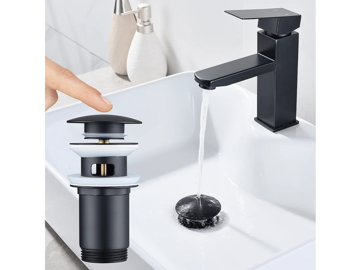 Bonde de Lavabo Bonde Pop-up avec Trop-plein Automatique Universelle Vidage pour Vasque et Lavabo Équipé Panier-filtre Noir G1-1-4"