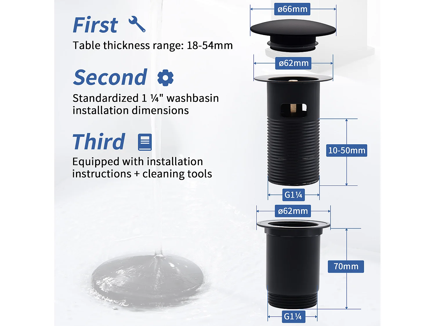 Bonde de Lavabo Bonde Pop-up avec Trop-plein Automatique Universelle Vidage pour Vasque et Lavabo Équipé Panier-filtre Noir G1-1-4"