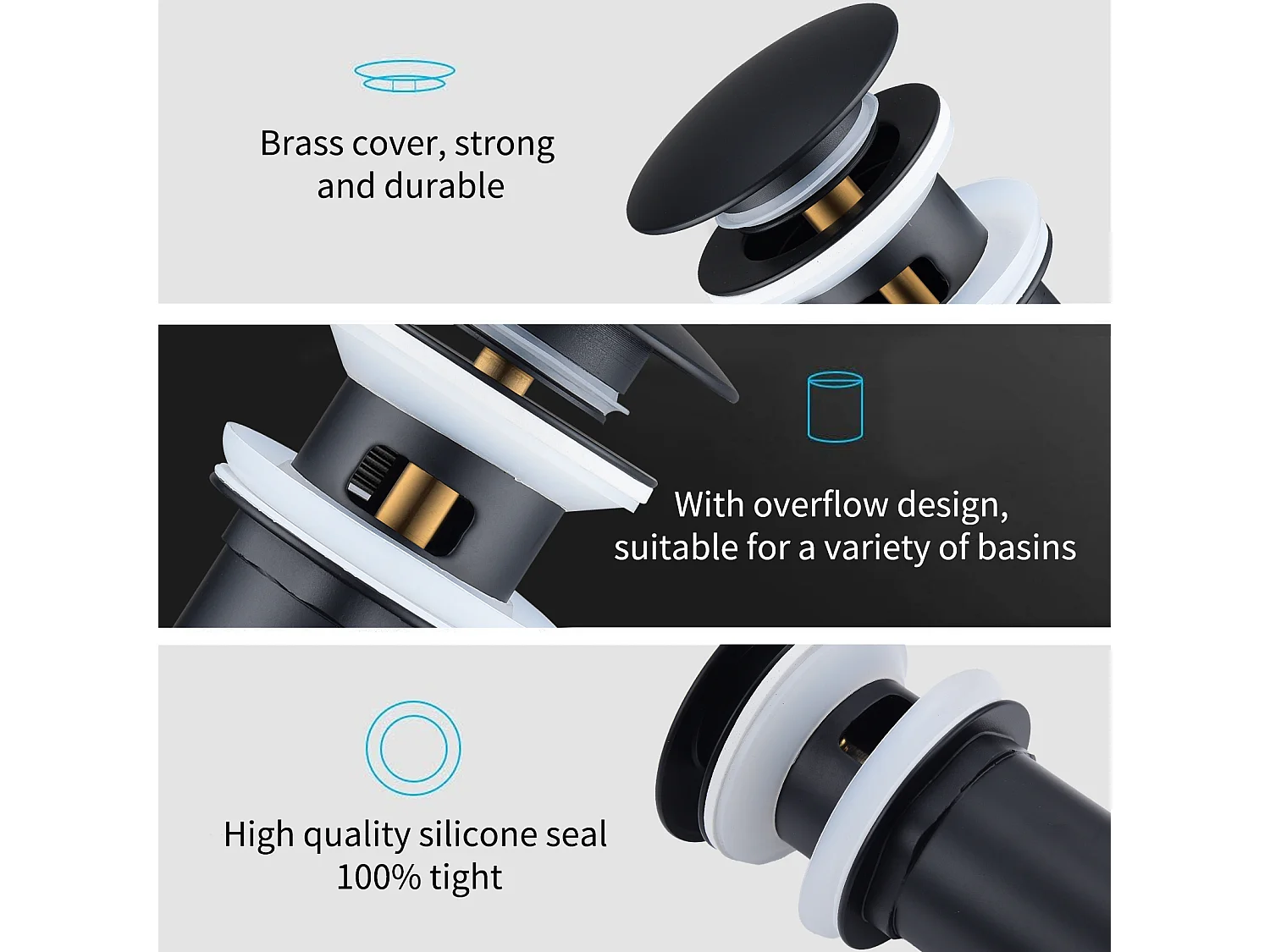 Bonde de Lavabo Bonde Pop-up avec Trop-plein Automatique Universelle Vidage pour Vasque et Lavabo Équipé Panier-filtre Noir G1-1-4"