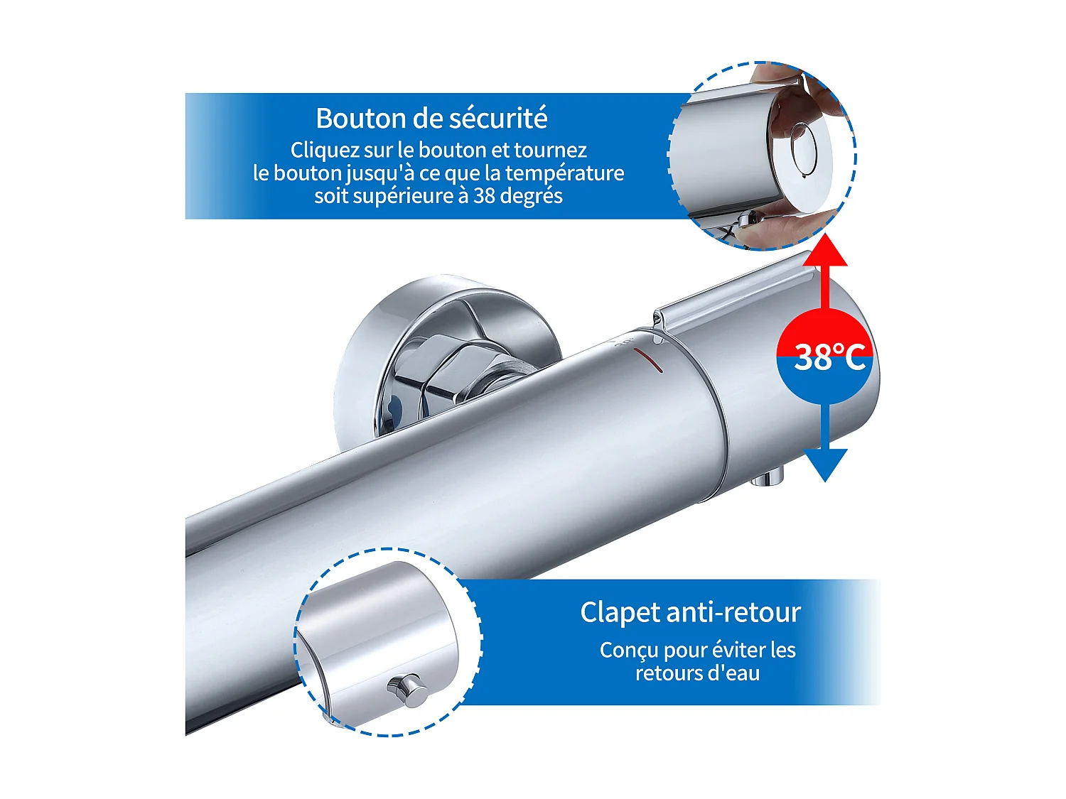 Mitigeur Thermostat Douche Robinet Mitigeur Douche pour Colonne de Douche Baignoire Robinetterie de Bain en Laiton Chromé