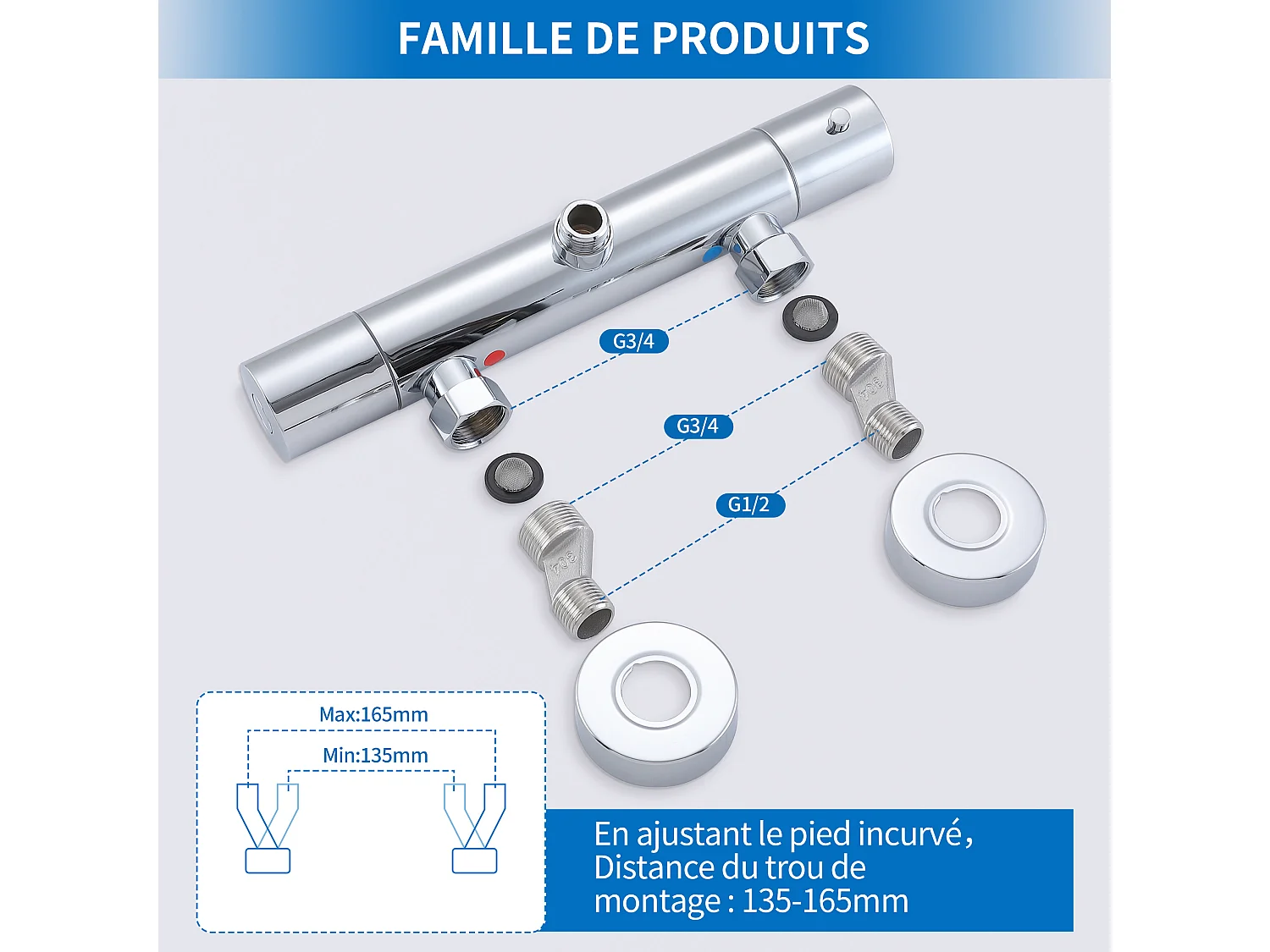 Mitigeur Thermostat Douche Robinet Mitigeur Douche pour Colonne de Douche Baignoire Robinetterie de Bain en Laiton Chromé