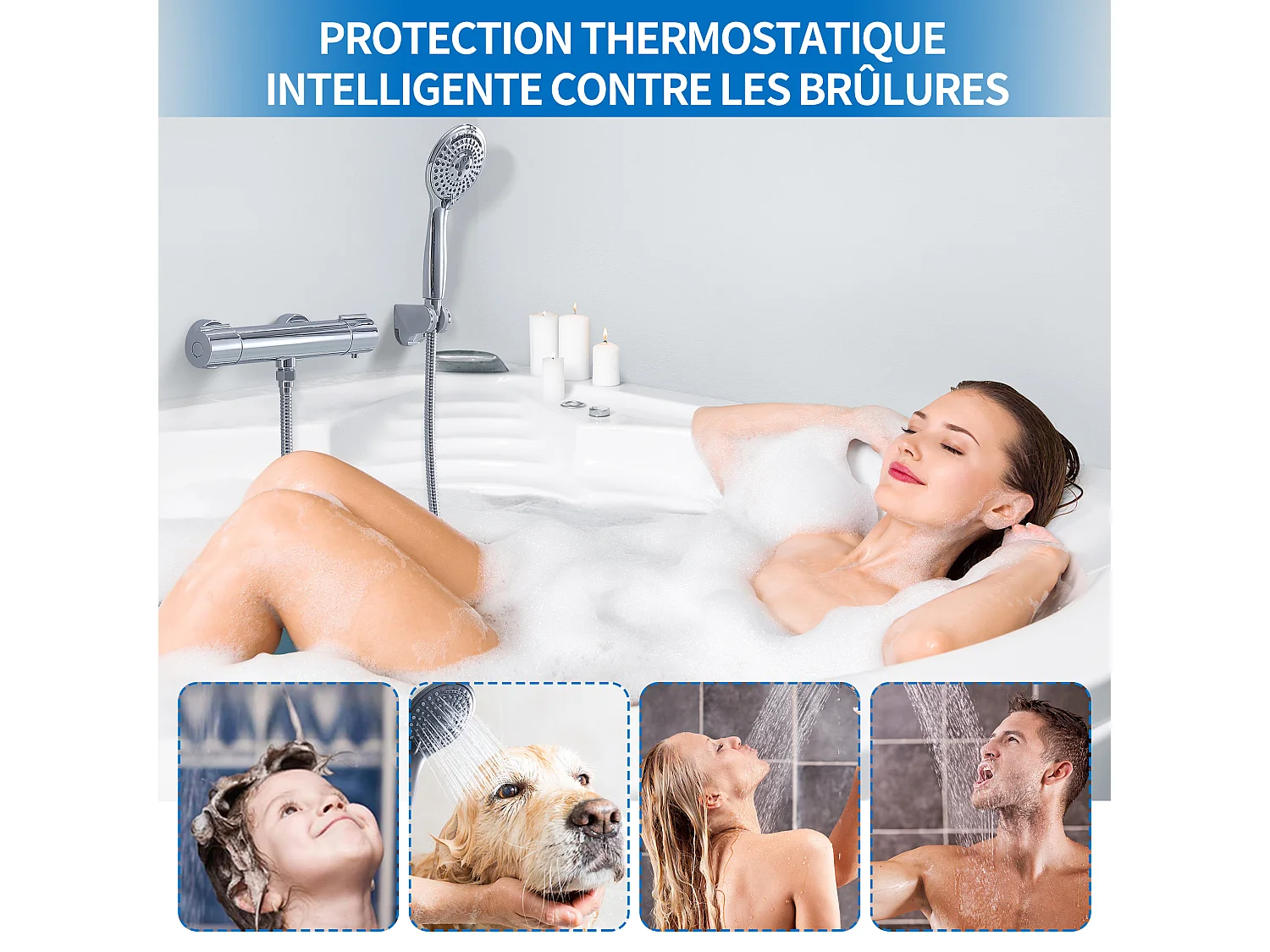 Mitigeur Thermostat Douche Robinet Mitigeur Douche pour Colonne de Douche Baignoire Robinetterie de Bain en Laiton Chromé