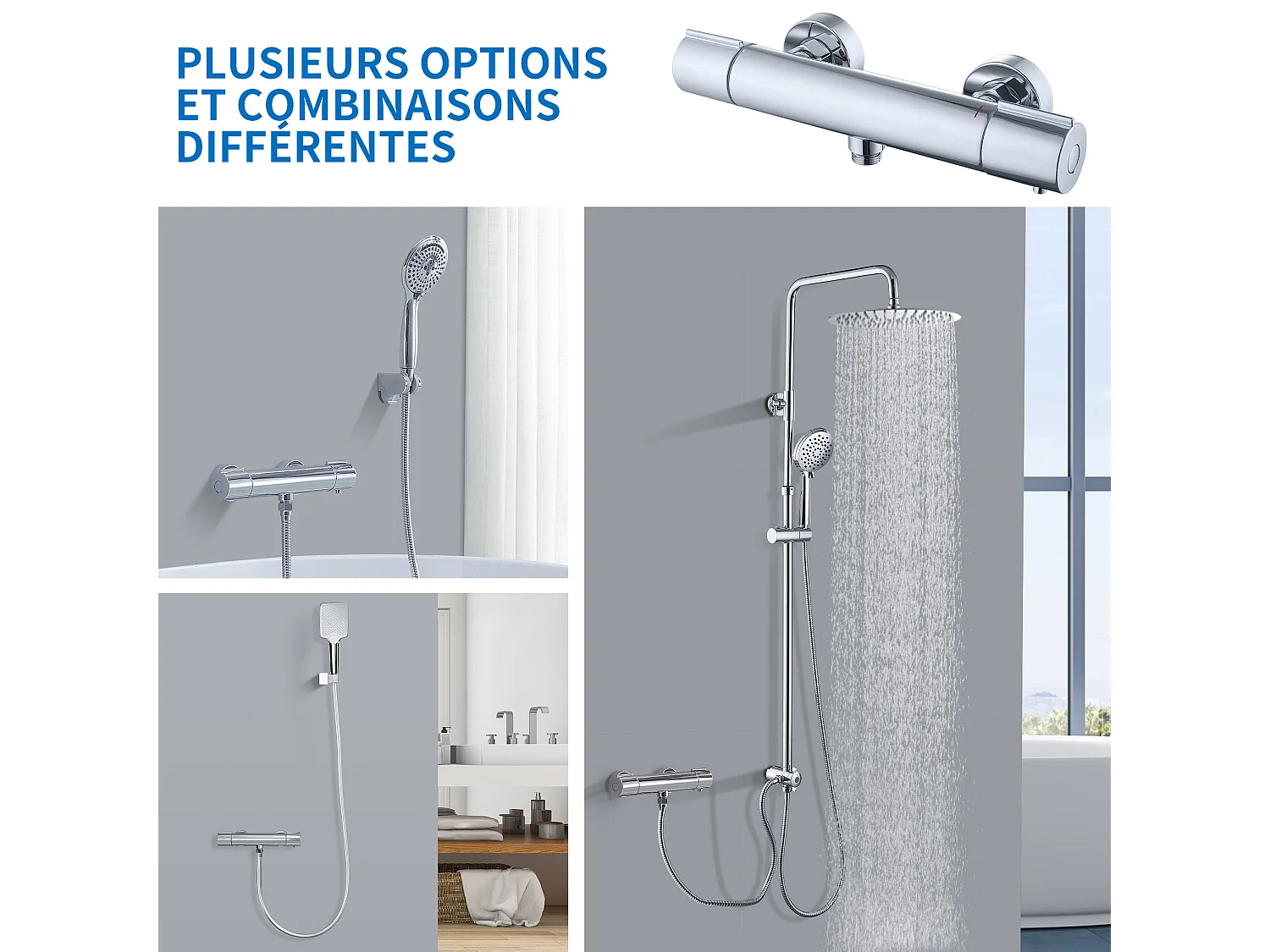 Mitigeur Thermostat Douche Robinet Mitigeur Douche pour Colonne de Douche Baignoire Robinetterie de Bain en Laiton Chromé