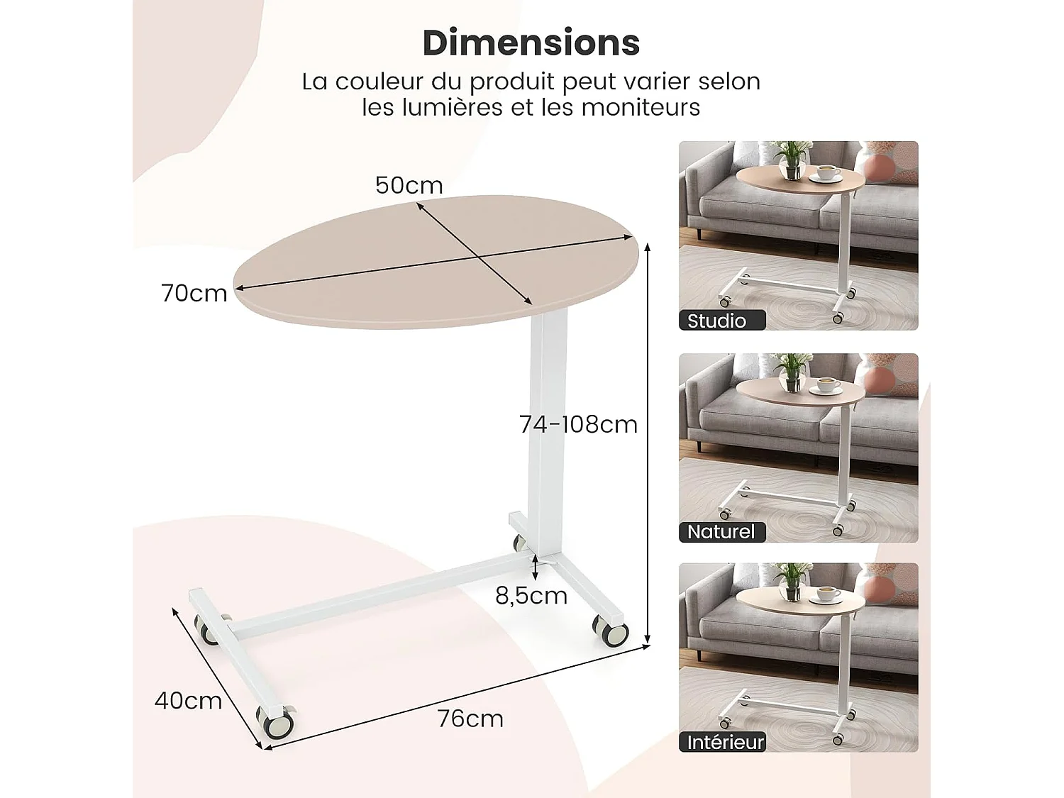 Table bar haute, table mange debout réglable 74-108 cm, roulettes verrouillables