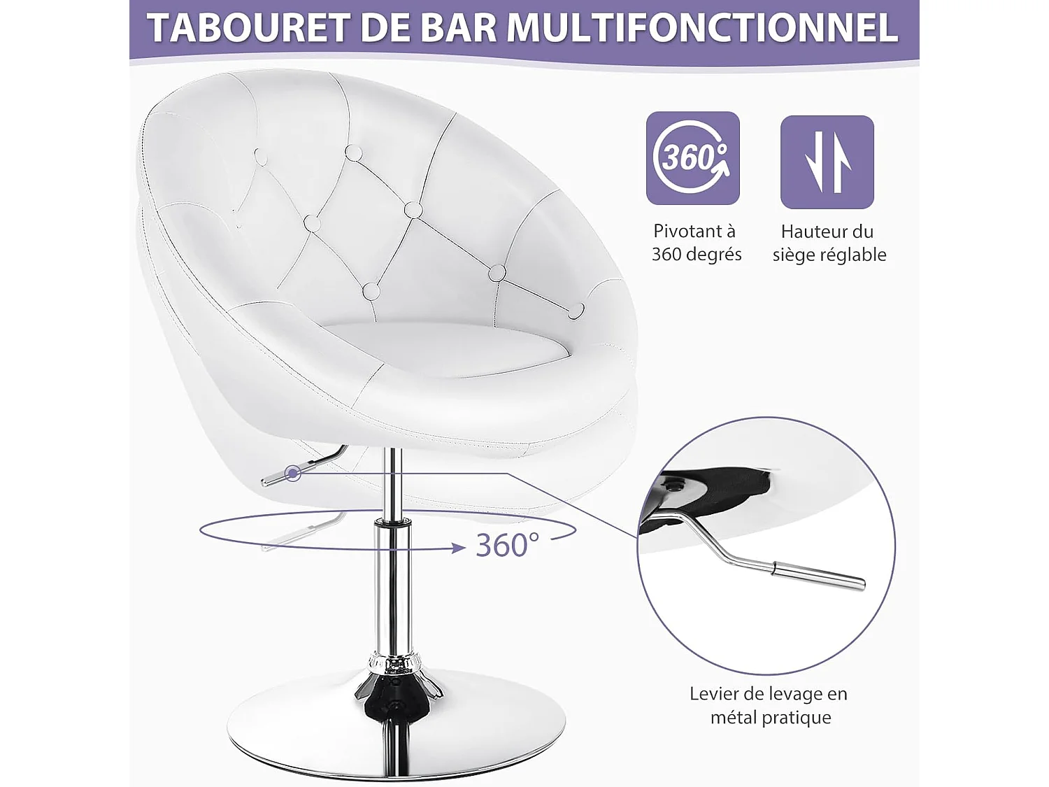 Chaise bureau sans roulettes pivotante, hauteur réglable 77-92cm, chaise pivotante blanc
