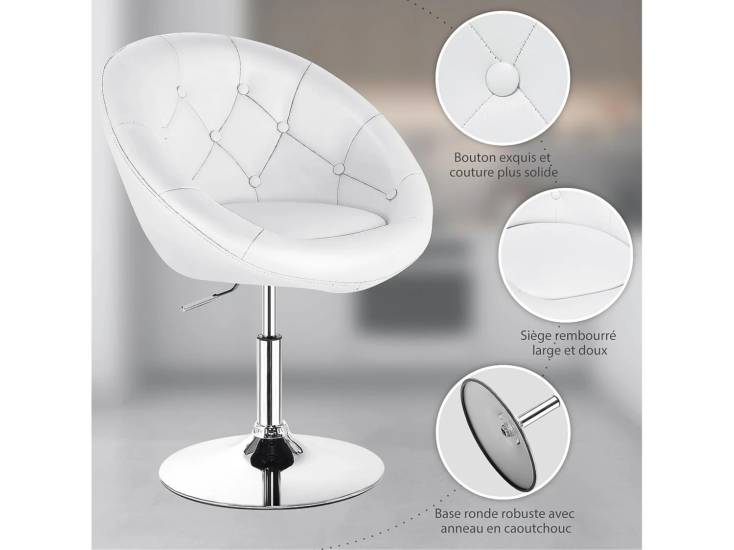 Chaise bureau sans roulettes pivotante, hauteur réglable 77-92cm, chaise pivotante blanc
