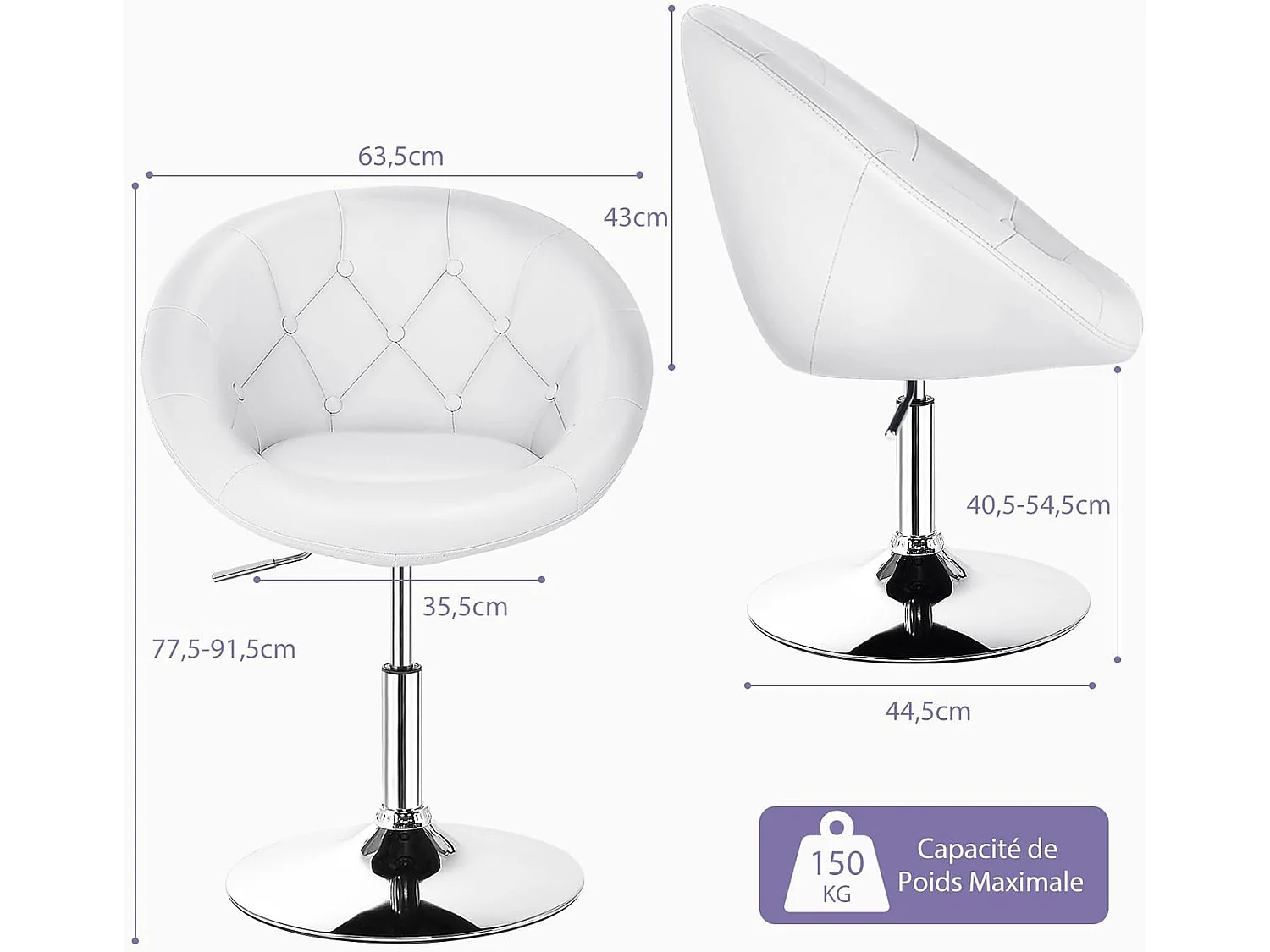 Chaise bureau sans roulettes pivotante, hauteur réglable 77-92cm, chaise pivotante blanc