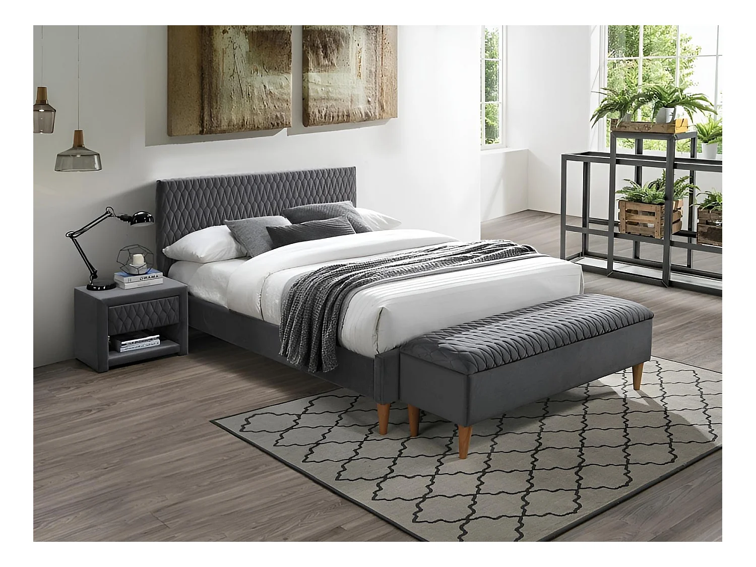 Letto Azurro S (140x200)/Tessuto-Velluto/Grigio